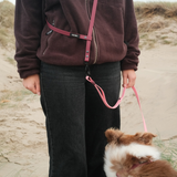 Person trägt die BioThane® Umhängeleine Mérida DUO in Red Wine / Rose quer über der Schulter. Die Leine ist verstellbar und in zwei Längen nutzbar. Am Ende ein weiß-brauner Hund – Spaziergang am Strand.