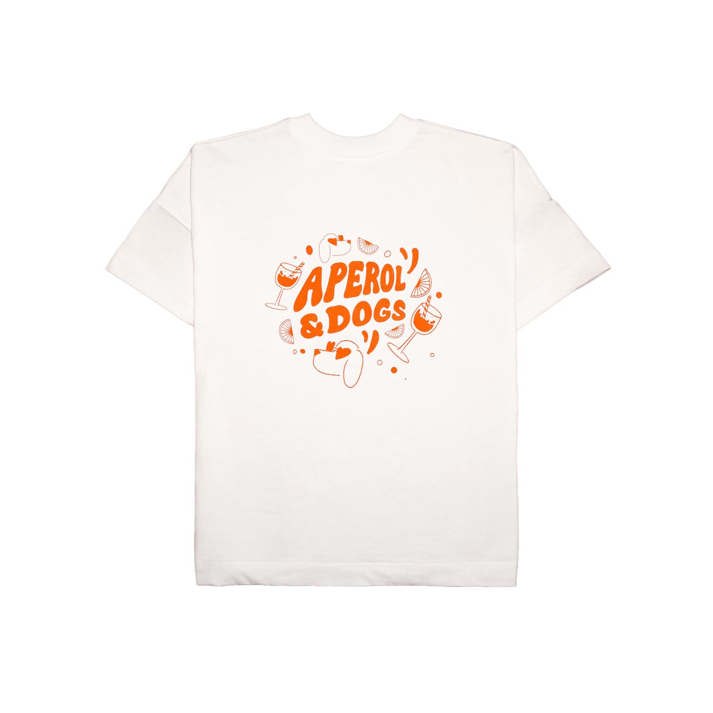 Rückseite des „Aperol & Dogs“ T-Shirts für Hundebesitzer mit orangem Backprint – oversized, nachhaltig produziert