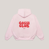 Rückansicht des rosa Sweatshirts mit großem, rotem „GASSI CLUB“ 3D-Puff-Print und Hej Nika Schriftzug.