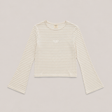 Cremefarbenes Hej Nika Longsleeve mit feinen beigen Querstreifen, Rundhalsausschnitt, kleinem Brustlogo und ausgestellten Ärmeln