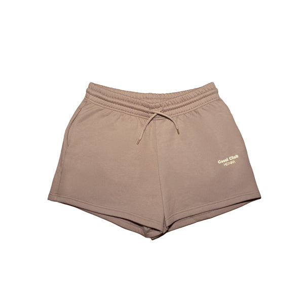 Hej Nika Sweatshorts für Hundebesitzer "Gassi Club" in Greige. Flatlay Produktbild.