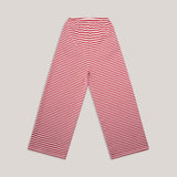Rückansicht der locker geschnittenen Hose mit Streifenmuster in Rosa und Rot, elastischem Bund und weitem Bein aus Bio-Baumwolle.