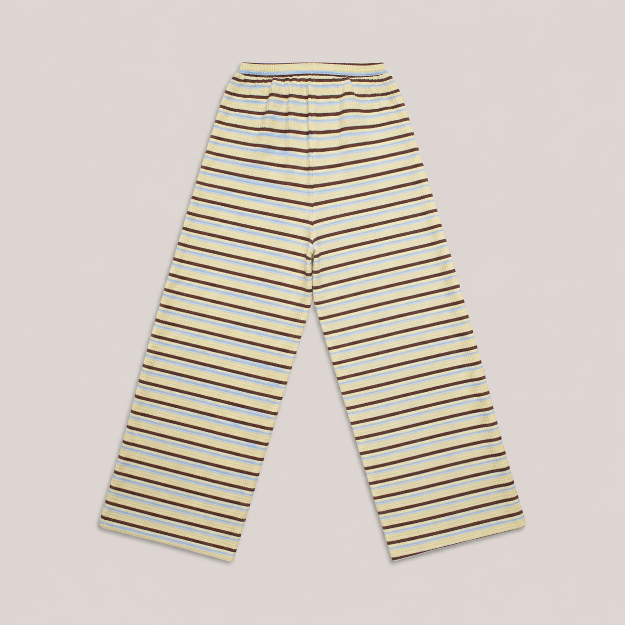 Gestreifte Wide-Leg-Hose in Gelb mit blau-braunen Streifen für Hundemenschen – Rückansicht mit elastischem Bund – Hej Nika – aus Bio-Baumwolle – Waffle-Stoff