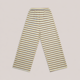 Gestreifte Wide-Leg-Hose in Gelb mit blau-braunen Streifen für Hundemenschen – Rückansicht mit elastischem Bund – Hej Nika – aus Bio-Baumwolle – Waffle-Stoff