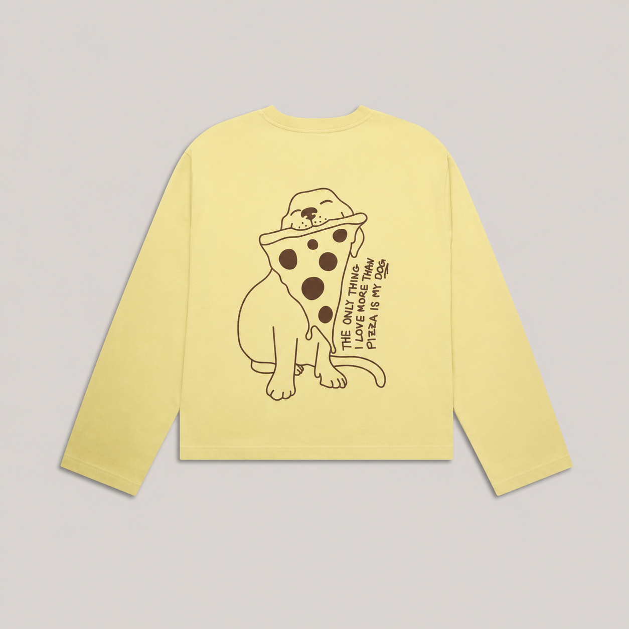 Longsleeve „The Only Thing I Love More Than Pizza Is My Dog" in Gelb aus 100 % Bio-Baumwolle für Hundemenschen – Rückansicht mit braunem Hund-Pizza-Print – Hej Nika