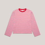 Vorderansicht des Unisex Longsleeves mit Streifenmuster in Rosa und Rot, Rundhalsausschnitt und lockerem Schnitt.