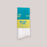 Sportsocken Run Like A Girl in Türkis für Hundemenschen – atmungsaktive Socken mit gelbem Statement-Print am Bündchen – Hej Nika