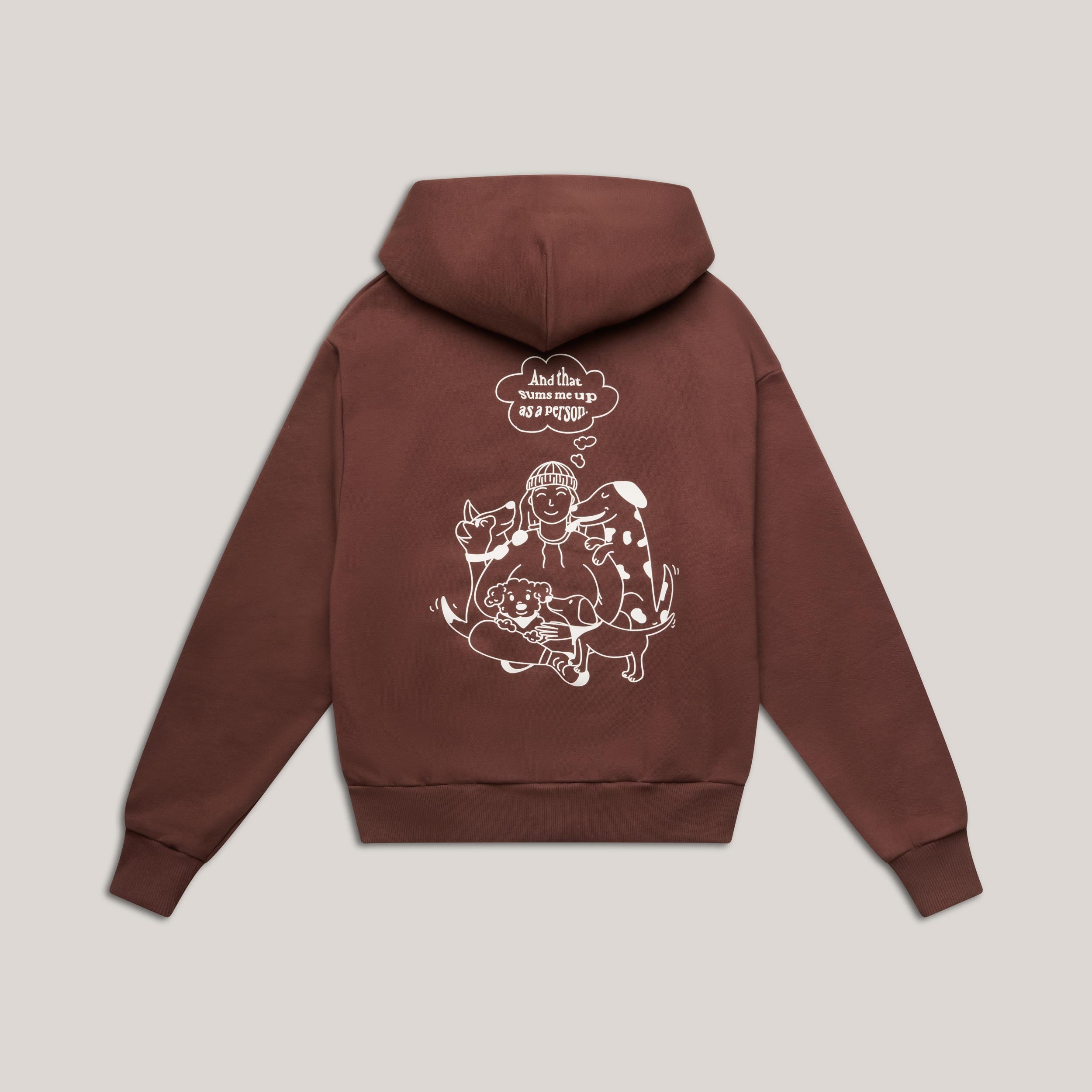 Rückansicht der braunen Oversized Sweatjacke mit dem großen, weißen Statement-Aufdruck "DOG PERSON" auf dem Rücken