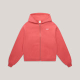 Vorderansicht der roten Unisex Sweatjacke mit Kapuze, Kängurutaschen und Reißverschluss (Zip Hoodie).