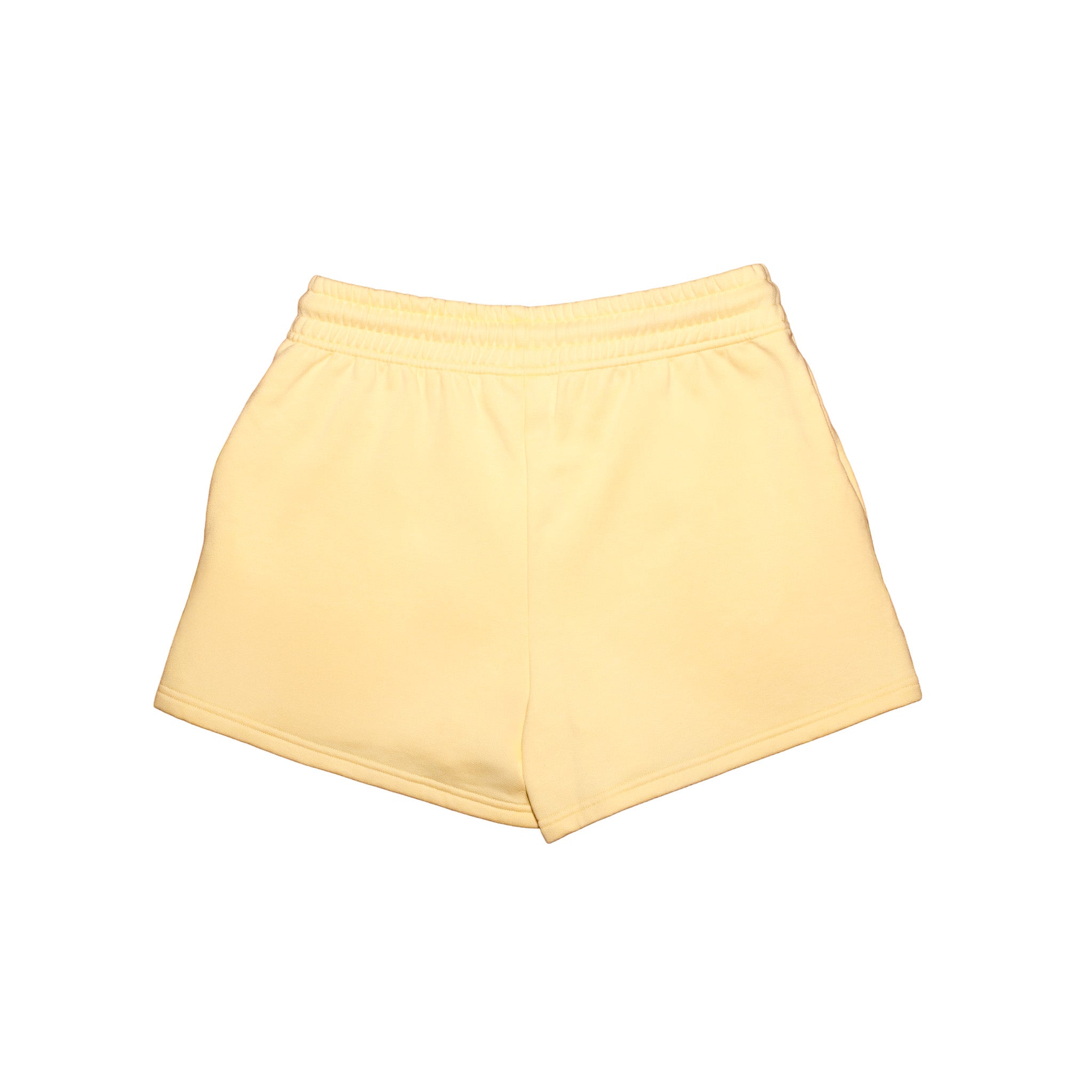 Flatlayaufnahme Sweatshorts für Hundebesitzer "Gassi Club" in der Farbe Gelb.